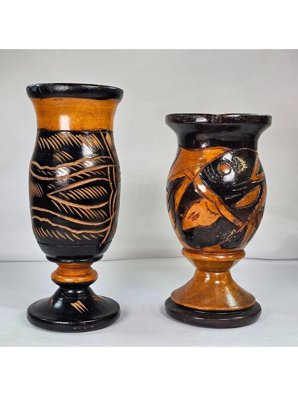Vintage Hand Carved Wooden Vases Set of 2 Floral Etched Two Tone Black Natural
